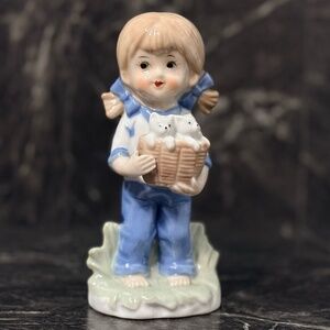Little Girl Holding Kittens in a Basket Figurine